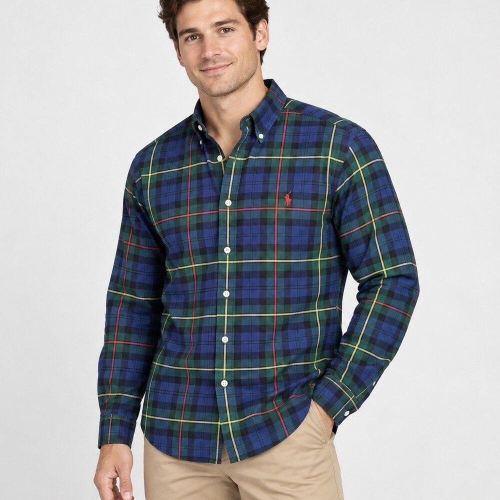 Ralph Lauren Stretch Oxford Shirt Mens Large Black Watch Plaid Pony Button Down